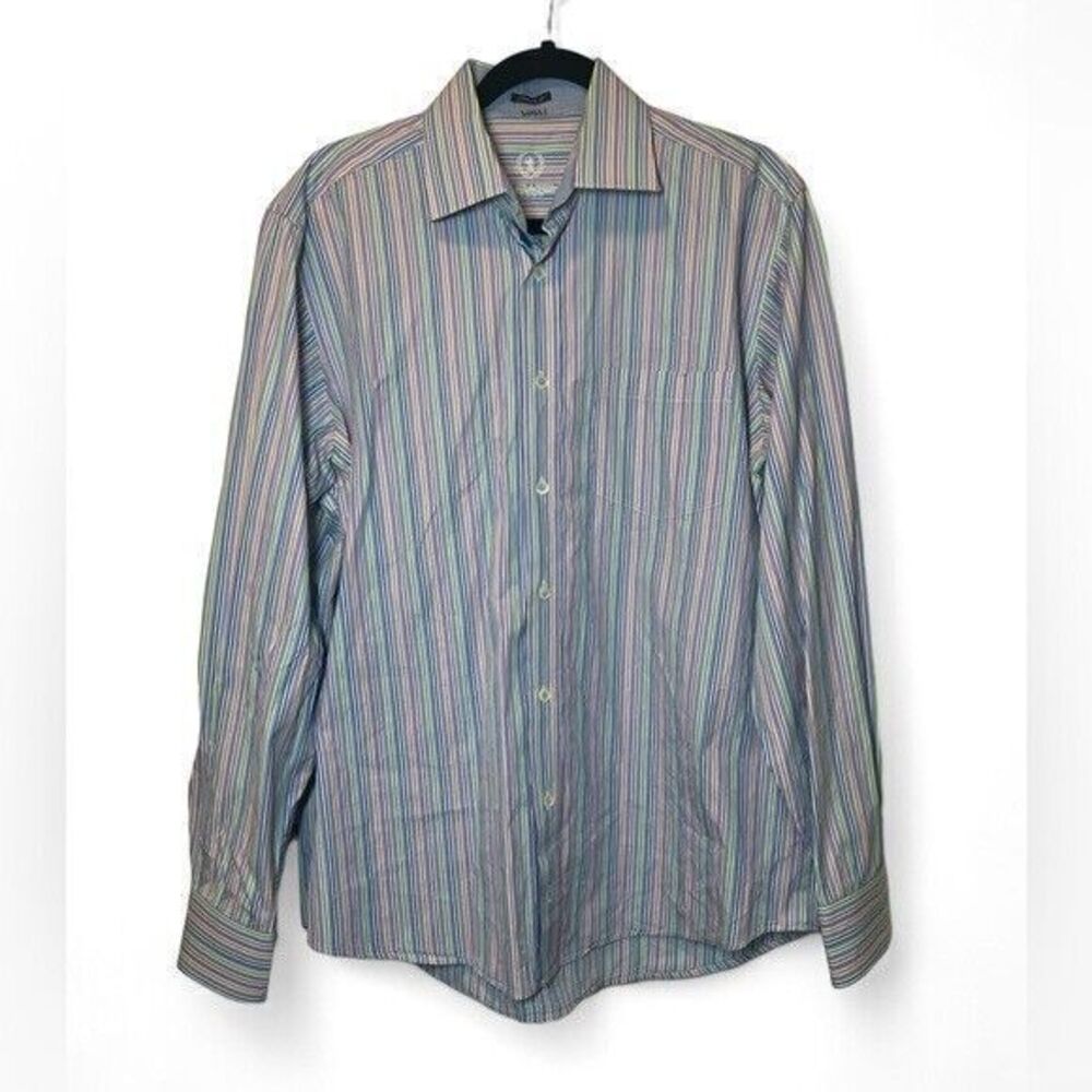 Bugatchi Uomo Men XL Blue Muted Rainbow Stripe 100% Cotton Button Shirt